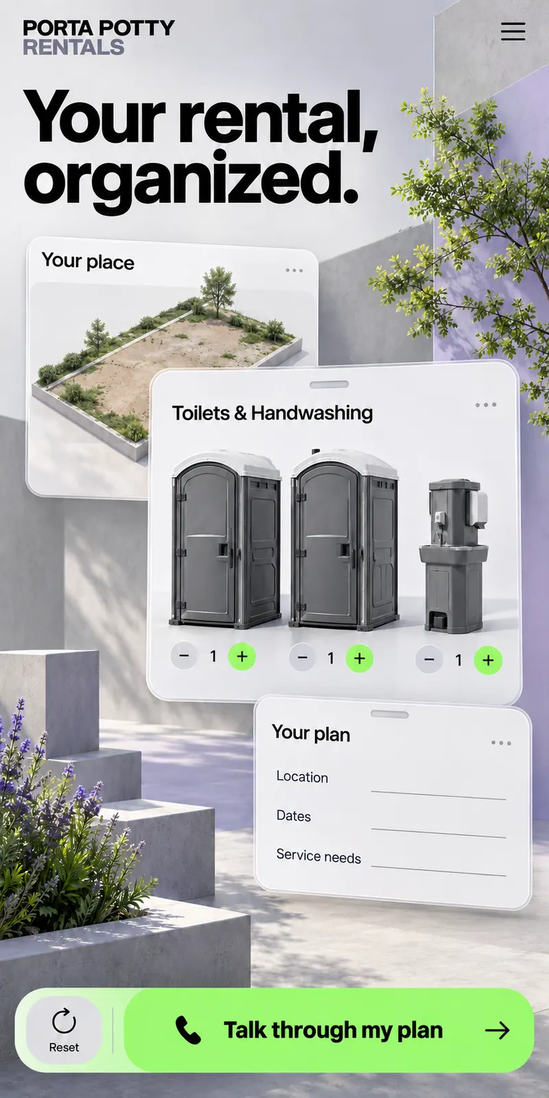 Portable toilets and handwashing pictured beside a property planning illustration